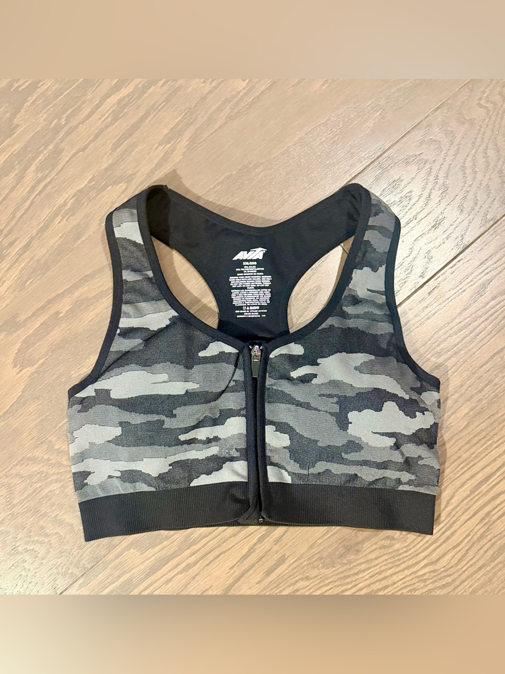 AVIA Camo Front Zip Sports Bra XXL 2X Gray Black Racerback Medium Support